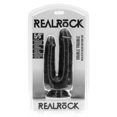 RealRock Dubbele Pret Dildo Met Zuignap - Ø 3.8cm, 15,20cm (Zwart)